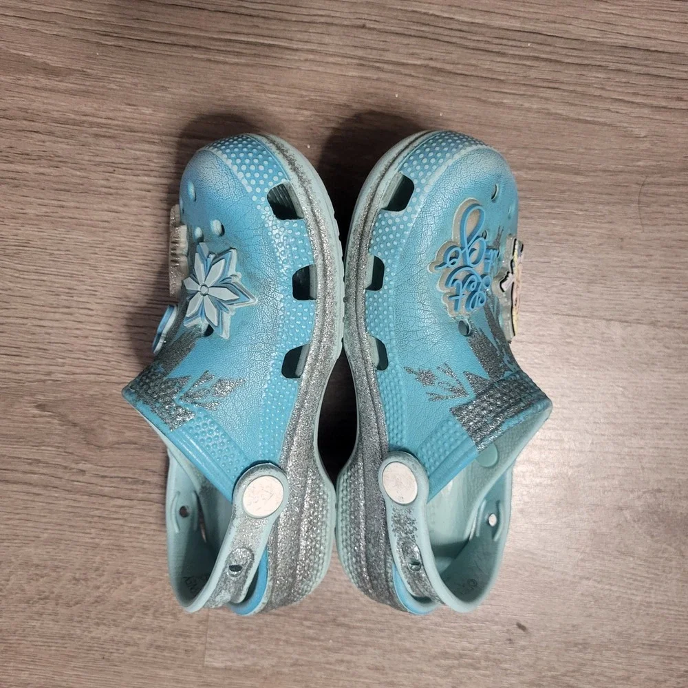 Crocs Disney Frozen Elsa Glitter Clogs Blue Silver Toddler Kids C11 Snowflake
